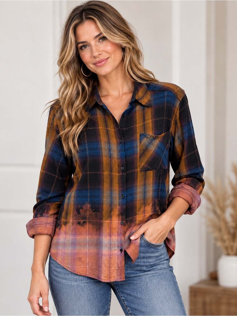 OOAK Upcycled Bleach Dyed Flannel Shirt – Boho Grunge Plaid – Size Medium